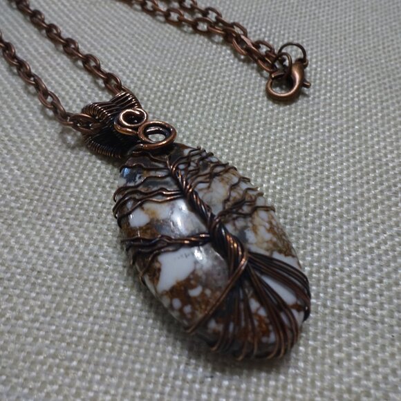 Rustic WILD HORSE JASPER Handmade COPPER WIRE-WRAPPED TREE Pendant/Chain #14C - Picture 1 of 4